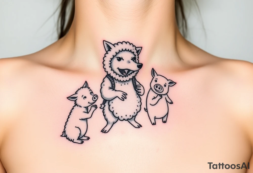 Big bad wolf in a sheep costume hunting 3 little pigs tattoo idea