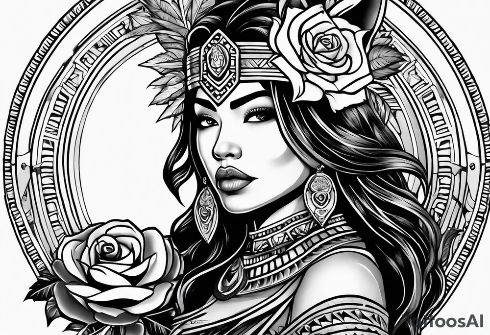 Armored Aztec woman woman with a wolf and a cored rose tattoo idea