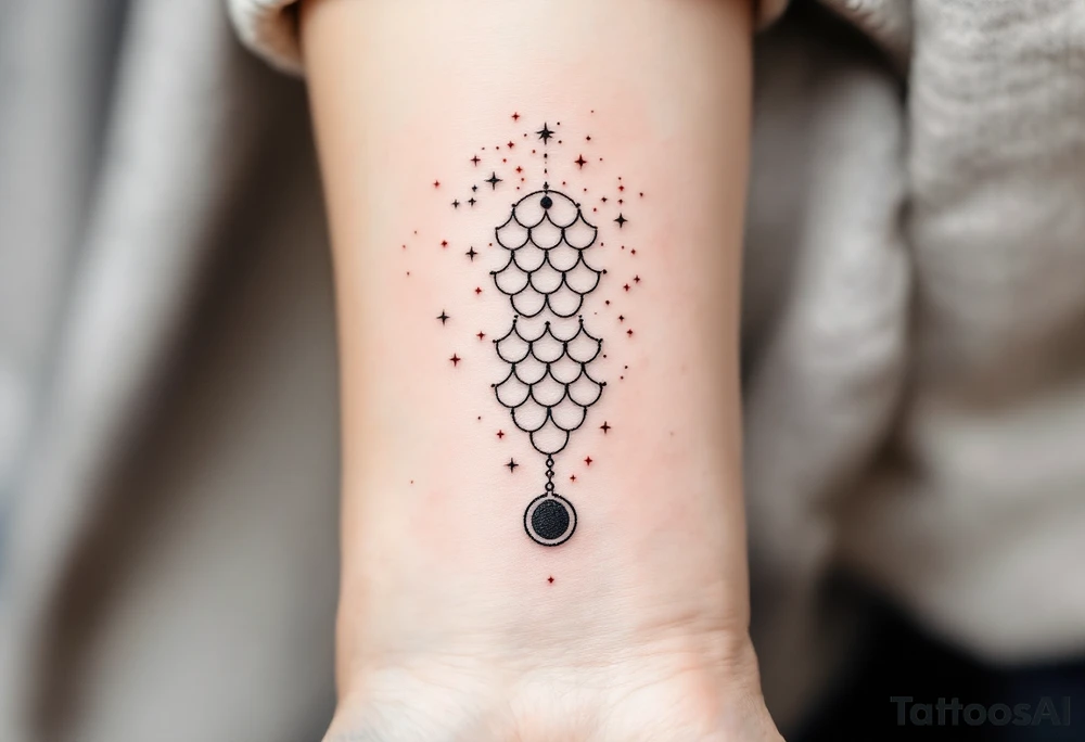 Black ink scales hang symmetrically beneath a Libra star constellation traced in fine white dots with red star accents. tattoo idea