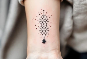 Black ink scales hang symmetrically beneath a Libra star constellation traced in fine white dots with red star accents. tattoo idea