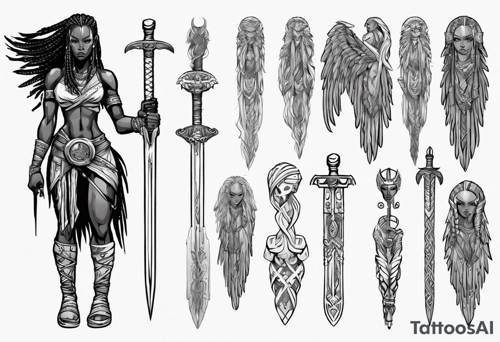 African female Viking valkyre angel full body 
slim long face small mouth long braided hair holding sword tattoo idea
