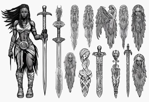African female Viking valkyre angel full body 
slim long face small mouth long braided hair holding sword tattoo idea
