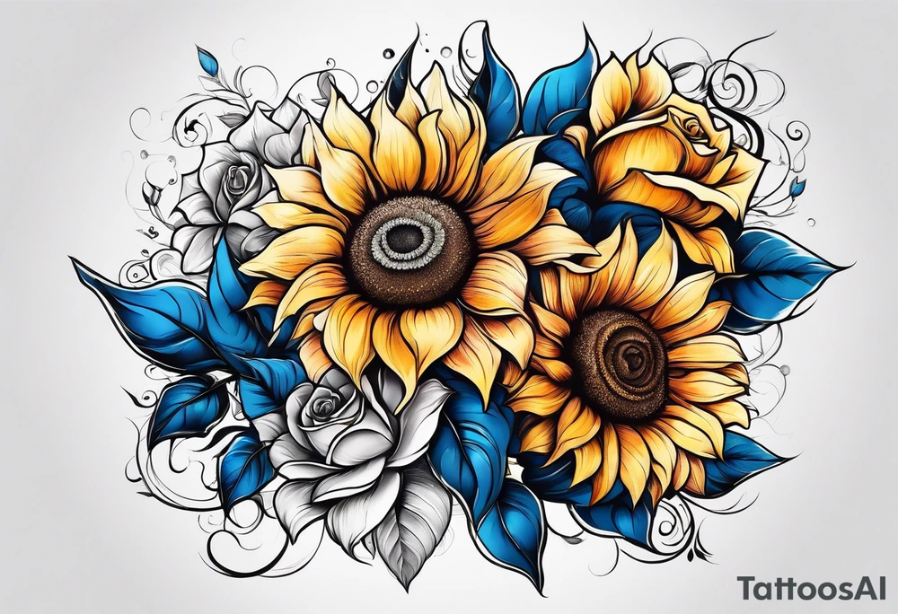 flower rose and blue, sunflower, tattoo idea