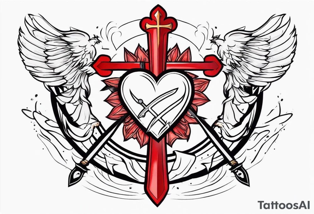 sacred heart with 3 swords instead of a cross. In front of a seraphim. tattoo idea