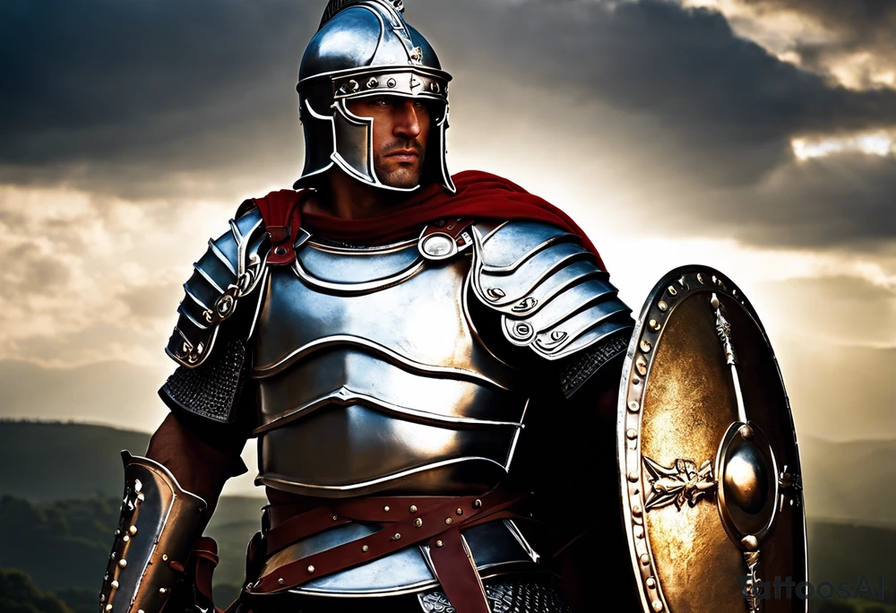a high ranking roman soldier from AD 60, wearing armour which must include an armoured belt, breastplate, armoured shoes, shield, helmet and sword.
the soldier must look strong. the soldier is faceless. The image must include the full person, not just the top half. The soldier is mid-battle, fending off flaming arrows with his shield tattoo idea