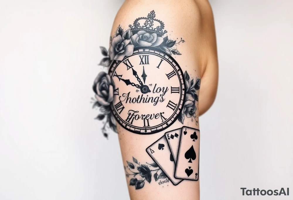 Roman clock with roses and a crown,  a quote that says nothings forever. and on the bottom a deck of cards tattoo idea
