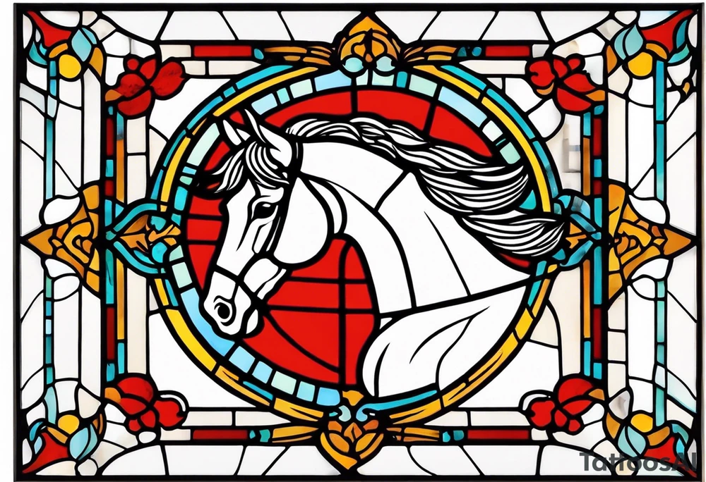 stained glass window with a red horse's head tattoo idea