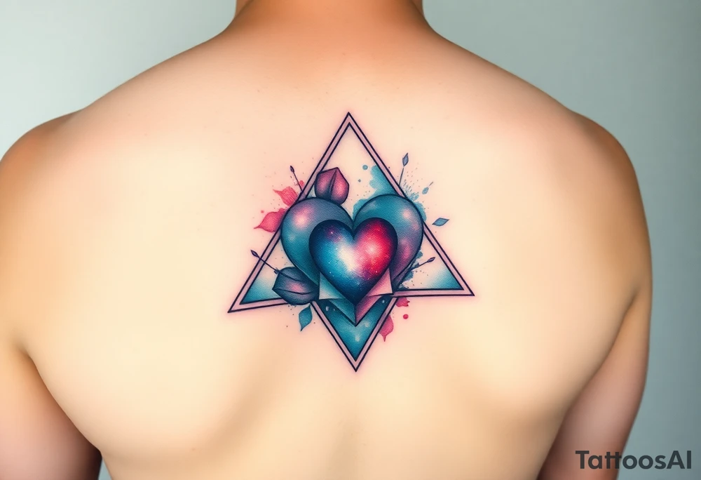 A triangle with a big heart in the center and  
galaxy inside the triangle tattoo idea