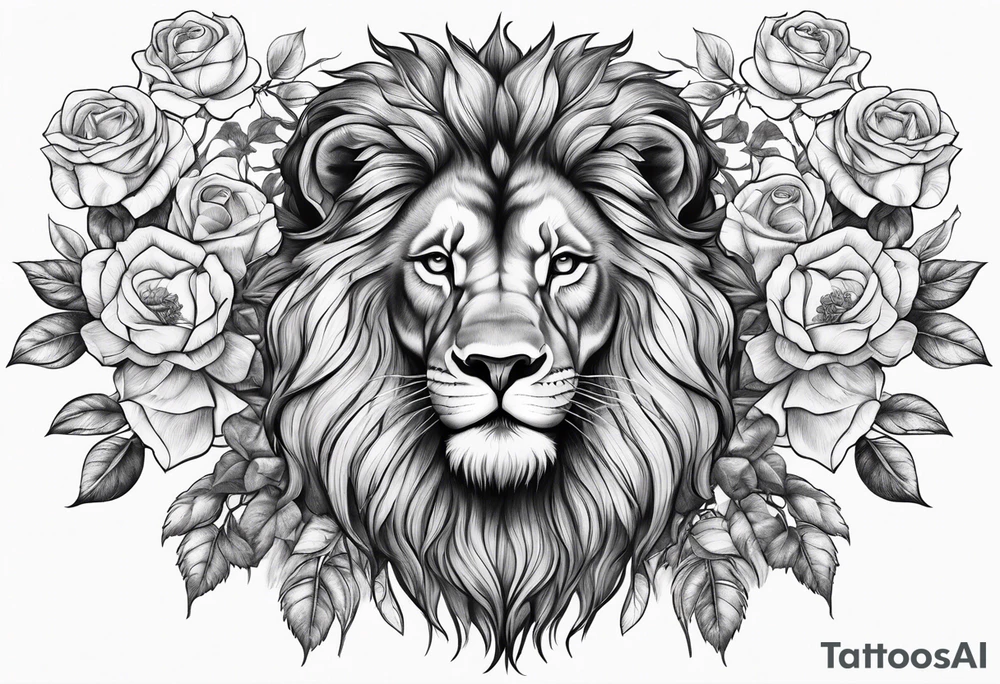 Stoic lion with roses tattoo idea