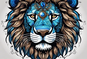 face of a lion with a third eye. Left eye blue, right eye brown. The third eye on the forehead is abstract. Around the muzzle there is a compass bezel tattoo idea