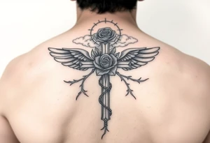 A very detailed cross with thorns vines from a rose with a halo above it and clouds around it and possibly wings on the sides or no wings in the sides but is a very detailed tattoo for my shoulder tattoo idea
