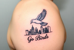 Philadelphia Classic bird flying over Philadelphia city skyline with Go Birds written under it tattoo idea