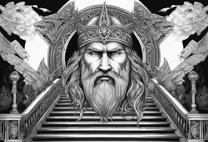 a stairway to heaven with a big face of  the god Odin as a human at its end. On the side of the stair is a pack ow wolves. Also add in a a pair of doves and two ravens tattoo idea