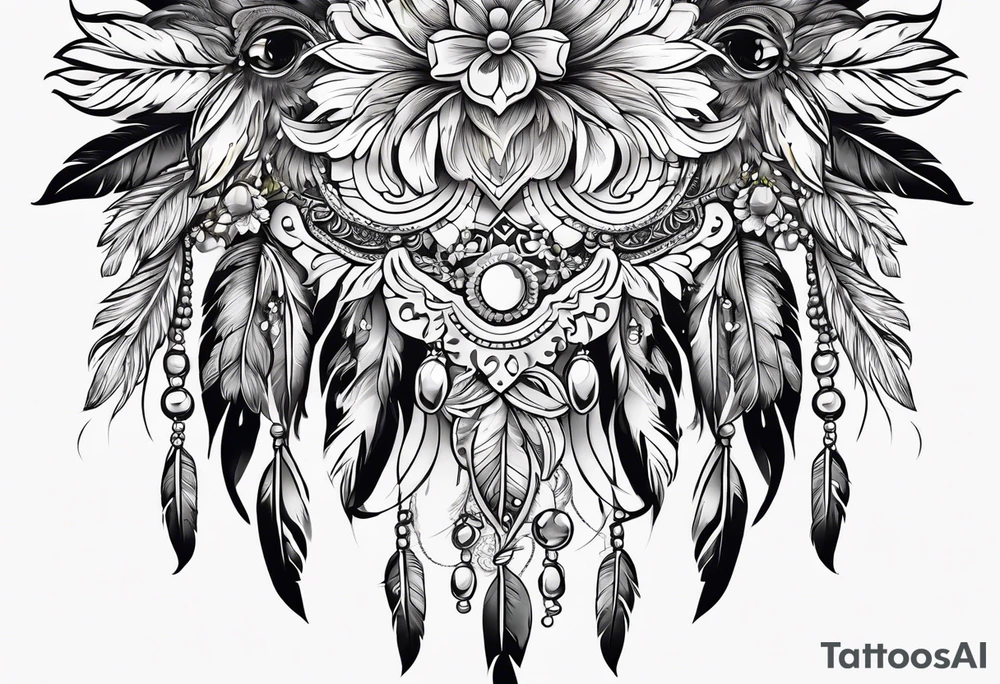 western pattern with flowers and feathers for hip tattoo idea