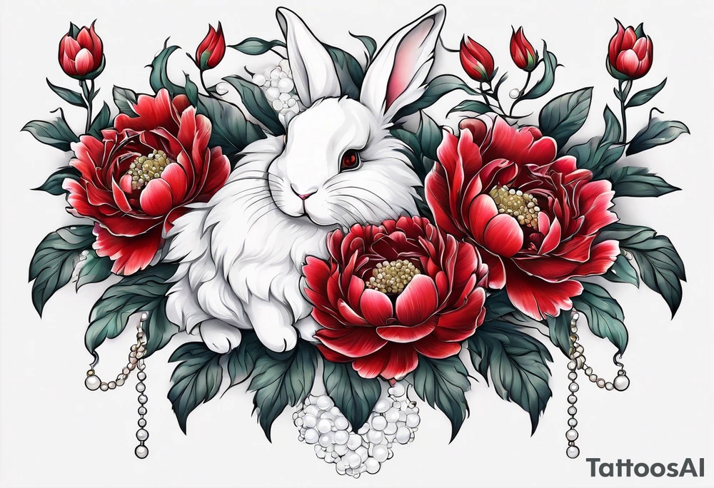 Red peony with pearls dangling and bunny tattoo idea