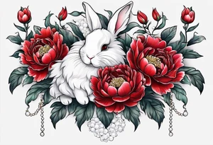 Red peony with pearls dangling and bunny tattoo idea
