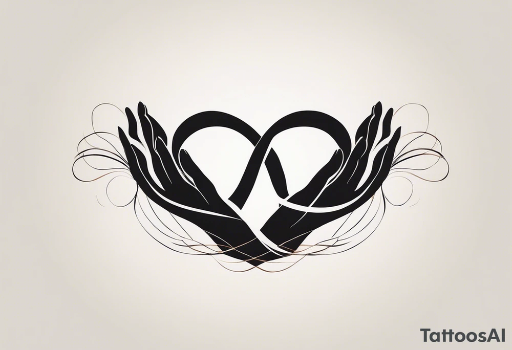 "A minimalist tattoo design symbolizing deep friendship, centered around the name 'Düha.' The design features two intertwined hands, representing trust and support, with a delicate infinity symbol subtly woven into the lines of the hands, indicating eternal friendship. Surrounding the hands, soft abstract elements like flowing lines or watercolor splashes gently frame the name 'Düha' written in elegant script, giving the design a personal and timeless touch. The overall style should evoke warmth, connection, and loyalty." tattoo idea
