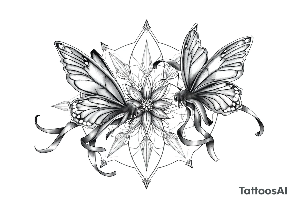 ethereal butterflies with flowing silk ribbons in geometric mandala tattoo idea