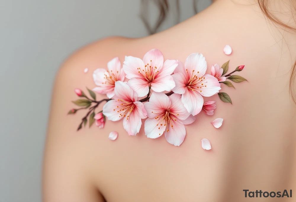 A delicate cherry blossom tattoo features soft pink and pale white flowers with subtle gradients, blooming along a slender dark brown branch with hints of mossy green leaves, often accented by falling petals in translucent rose hues for a graceful, airy effect. tattoo idea