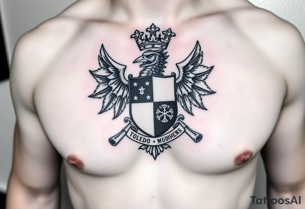 Family crest from Ireland with the The Toledo Mudhens Baseball Team, a very dark  And Demonic And Midevel Featurs Made Into a full chest tattoo with Smith last name heritage and meaning tattoo idea