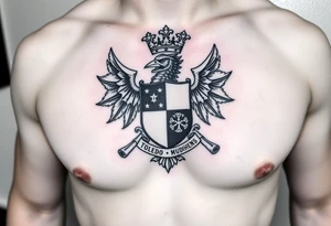 Family crest from Ireland with the The Toledo Mudhens Baseball Team, a very dark  And Demonic And Midevel Featurs Made Into a full chest tattoo with Smith last name heritage and meaning tattoo idea