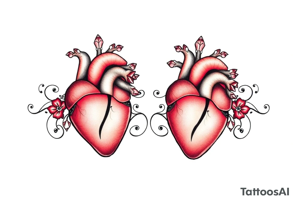 Two anatomical hearts surrounded by filigree and crystal or gem accents tattoo idea