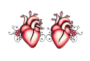 Two anatomical hearts surrounded by filigree and crystal or gem accents tattoo idea