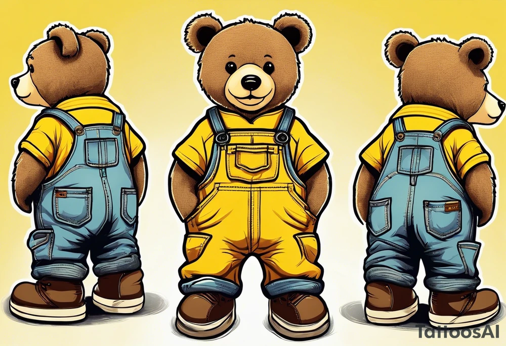 image of the back of a light brown teddy bear standing in yellow overalls, striped tank top and wearing boots tattoo idea