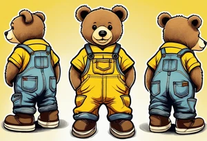 image of the back of a light brown teddy bear standing in yellow overalls, striped tank top and wearing boots tattoo idea