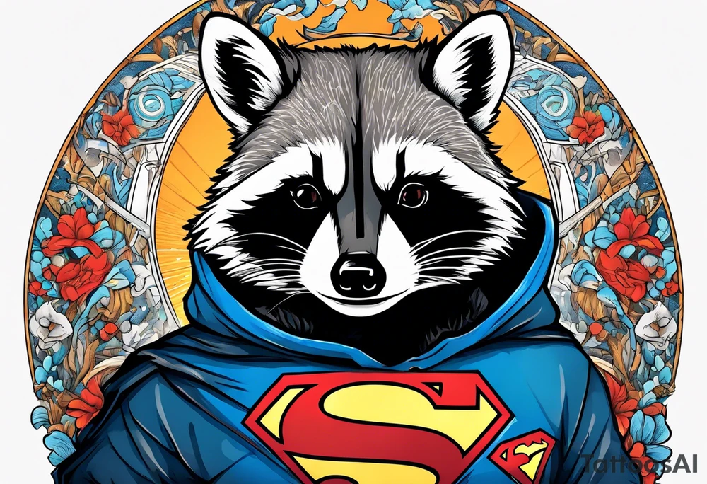 raccoon wearing a Superman hoodie tattoo idea