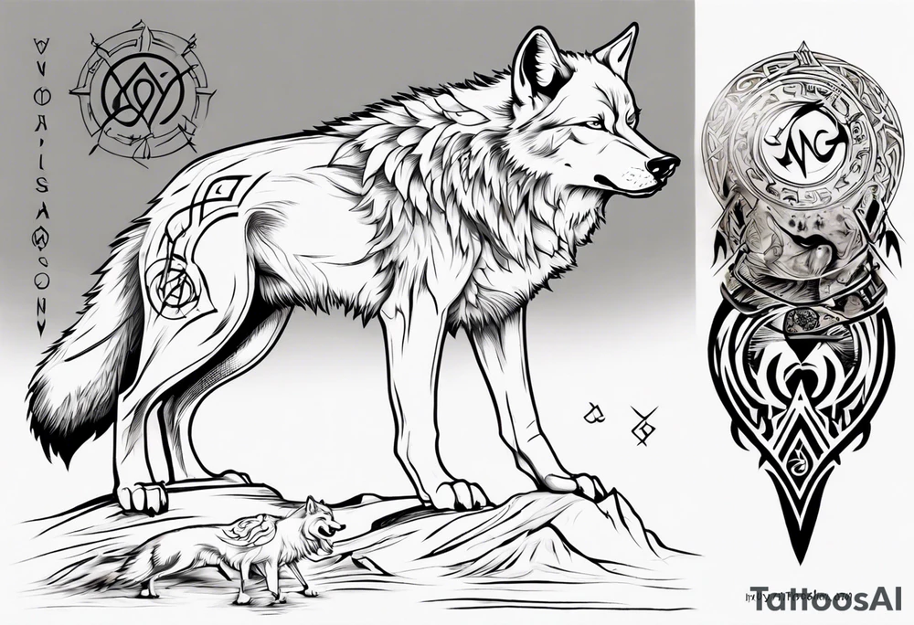 Wolf  howling with Norse symbols, a bit of Māori tattooing and my nanas name joy tattoo idea