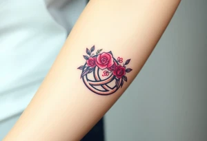 Celtic Trinity knot with a flower crown going through it made out of tiny maroon and blush pink colored roses tattoo idea