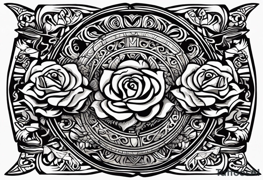 Design a masculine tattoo depicting three delicate rose buds being embraced and protected by 
Aztec weapons. The weapons should include elements such as the macuahuitl (Aztec sword-club), obsidian blades, and Mayan calendar, arranged in a way that forms a protective circle or embrace around the roses. Carve the entire image as if it were a stone sculpture by an ancient Aztec artist, with the texture resembling intricately detailed stone carvings. The roses should be slightly softer but still stylized in stone, giving the entire tattoo a powerful, yet artistic and ancient feel. Use bold, sharp lines to capture the essence of Aztec craftsmanship tattoo idea