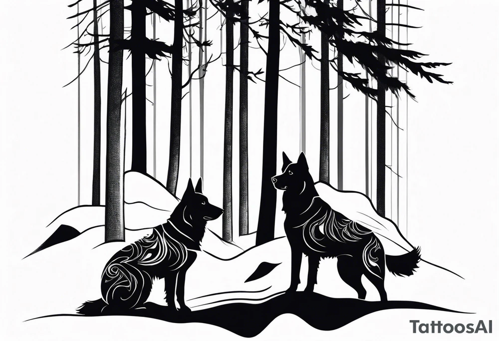 two norwegian elkhounds guarding a dark forest tattoo idea two norwegian elkhounds guarding a dark forest tattoo idea