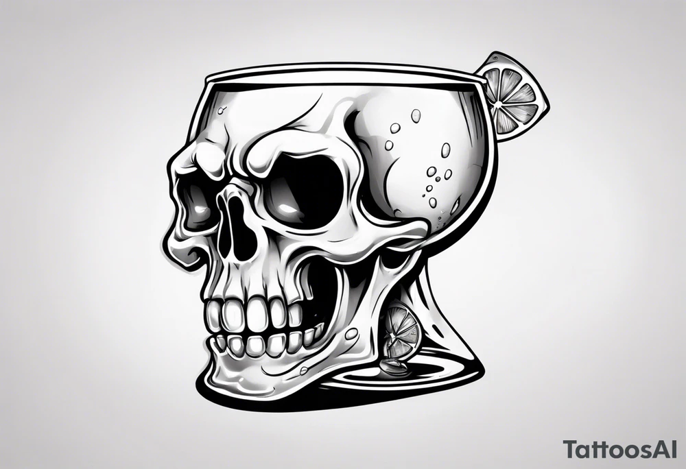 A smiling looking to the left scull inside the glass with alcohol and piece of lime tattoo idea