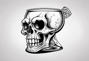 A smiling looking to the left scull inside the glass with alcohol and piece of lime tattoo idea