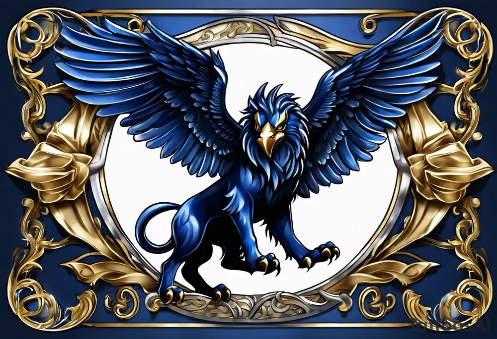 Dark blue, almost black matallic griffin with golden and silver accents. tattoo idea