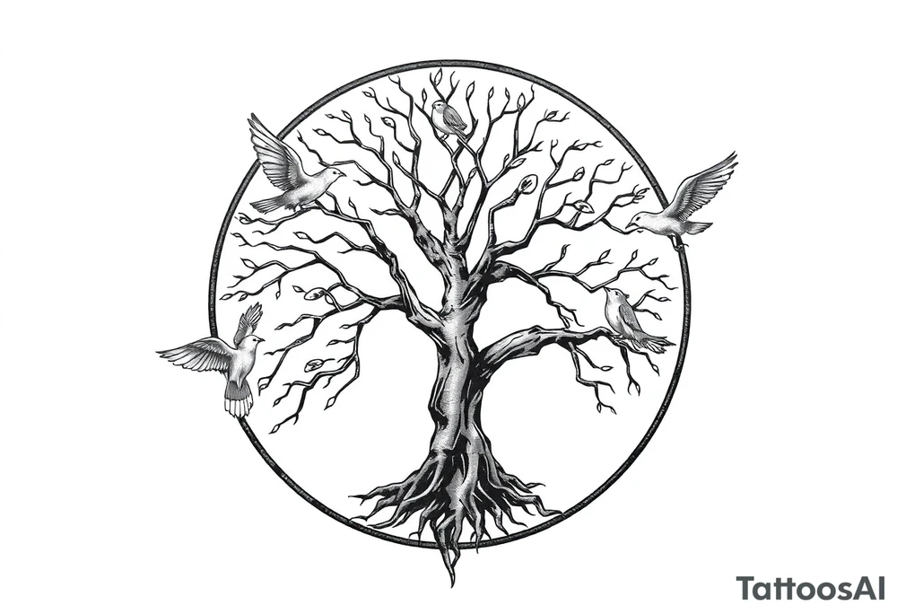 Tree of life in a broken circle with 5 birds flying out tattoo idea
