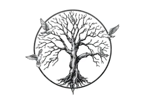 Tree of life in a broken circle with 5 birds flying out tattoo idea