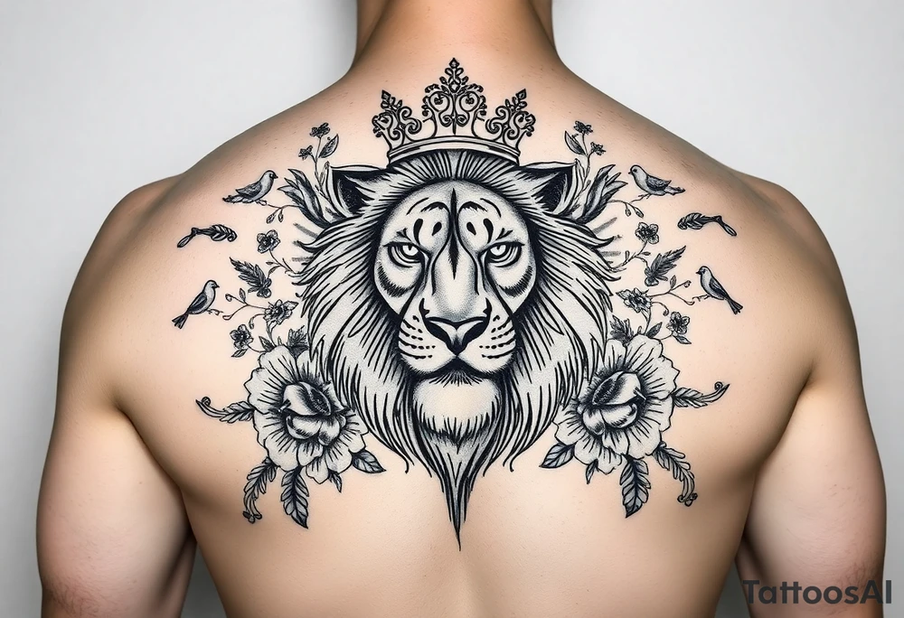 powerful majestic lion with a crown, surrounded by floral ornaments and birds tattoo idea