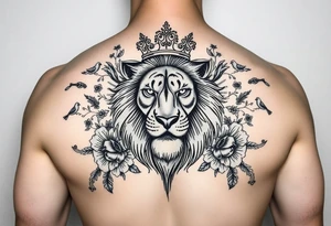 powerful majestic lion with a crown, surrounded by floral ornaments and birds tattoo idea