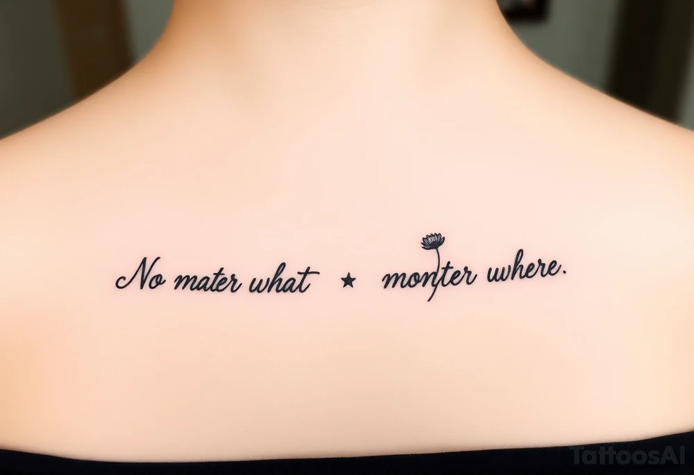 A delicate cursive tattoo with the quote ‘No matter what’ (for one person) and ‘No matter where’ (for the other), placed along the collarbone. At the end of each quote, incorporate a soft, feminine flower design — such as a small lotus, daisy, or wildflower — that flows naturally from the end of the text, as if the flower is part of the lettering or subtly blooming from the last word.

Design should feel light, elegant, and symbolic of connection and unconditional love between mother and daughter. Style should be fine line or single-needle, black ink only, minimalistic and graceful. tattoo idea