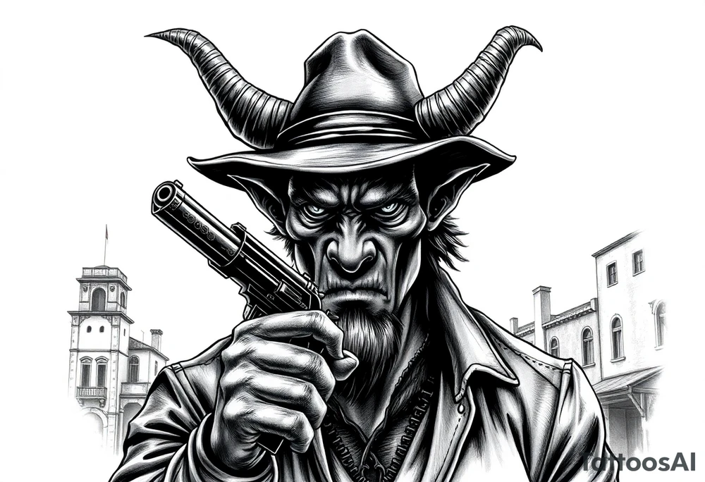 a demon with cowboy-hat ,a gun in a hand, old buildings in the background. tattoo idea
