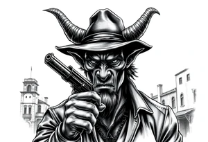 a demon with cowboy-hat ,a gun in a hand, old buildings in the background. tattoo idea