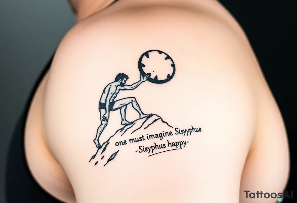 I want to get a tattoo. Unsure of where so give me ideas. It’s centered around the myth of Sisyphus and need help with how to design it. But I know I want it to resemble the story so maybe a man pushing a boulder up a hill with a couple other tiny details. Then I want the words from the quote “one must imagine Sisyphus happy.” I want ideas for a design that will encapsulate the story of Sisyphus tattoo idea