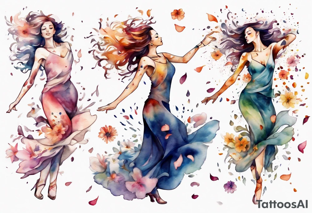 One Very feminine woman dancing in a wind of flower petals tattoo idea