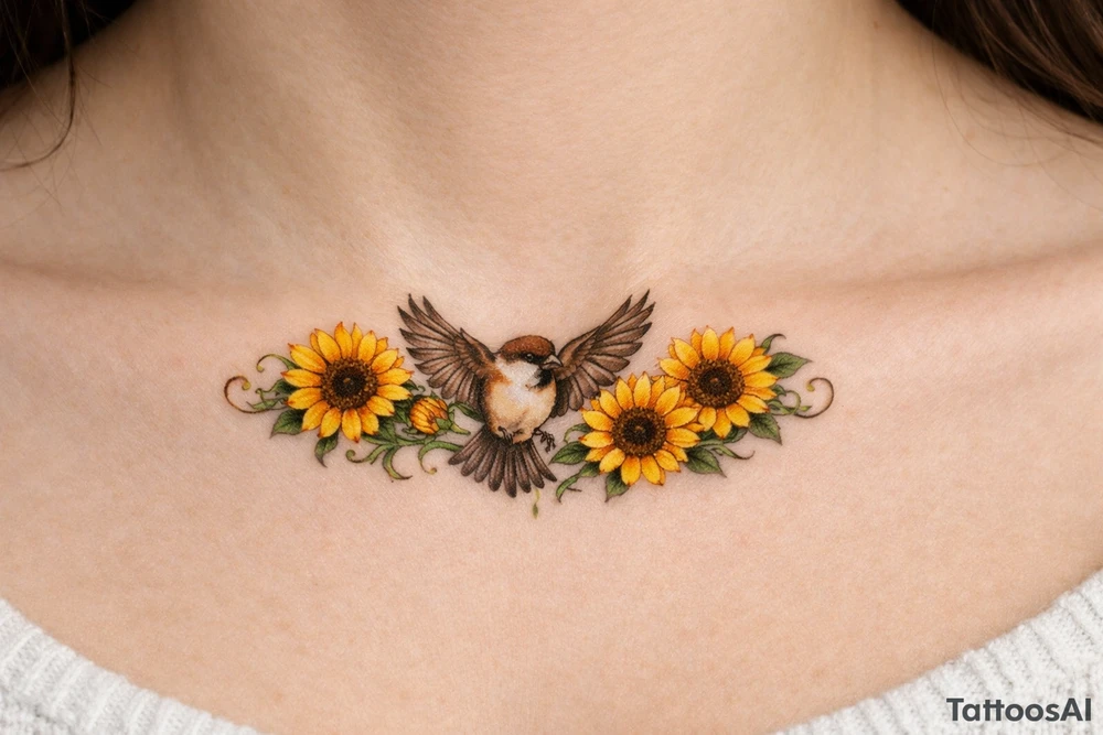 Realistic chest piece, multiple sunflowers, sparrow mid-flight, intricate detail. tattoo idea