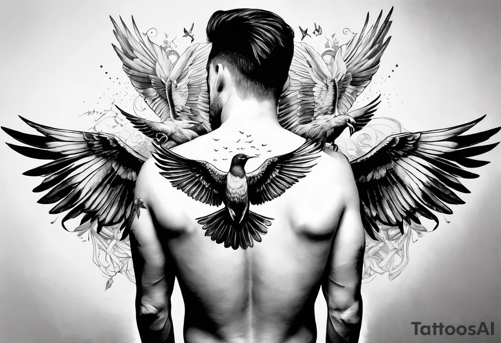 Birds flying out of a man’s back while he is in his hands and knees tattoo idea