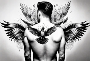 Birds flying out of a man’s back while he is in his hands and knees tattoo idea