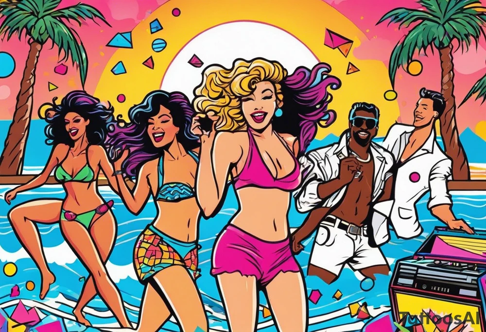 1980's miami vice style beach dance 
party, include confetti, music notes, boom box, bikinis sunset in the center tattoo idea